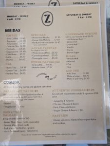 ZOE Coffee and Tacos comida menu, photo 1 - January 2026