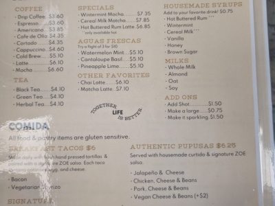 ZOE Coffee and Tacos comida menu, photo 1 - January 2026