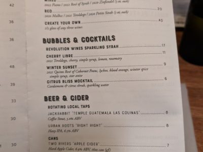 Revolution Winery & Kitchen beer menu, photo 1 - January 2024