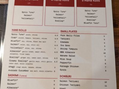 Kinjo Hand Roll Bar dinner menu, photo 1 - January 2023