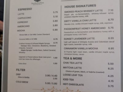 Anchor & Tree Coffee Roasting Co drinks menu, photo 1 - January 2025