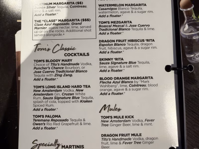 Tom’s Watch Bar cocktails menu, photo 1 - October 2026