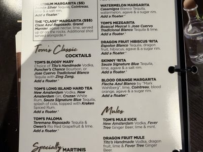 Tom’s Watch Bar cocktails menu, photo 1 - October 2026